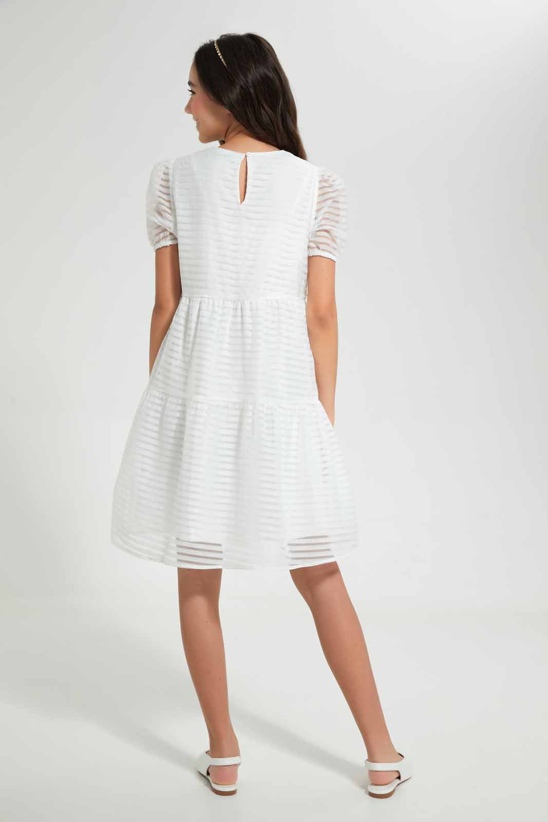 Redtag-White-Dobby-Longer-Length-Dress-Dresses-Senior-Girls-9 to 14 Years