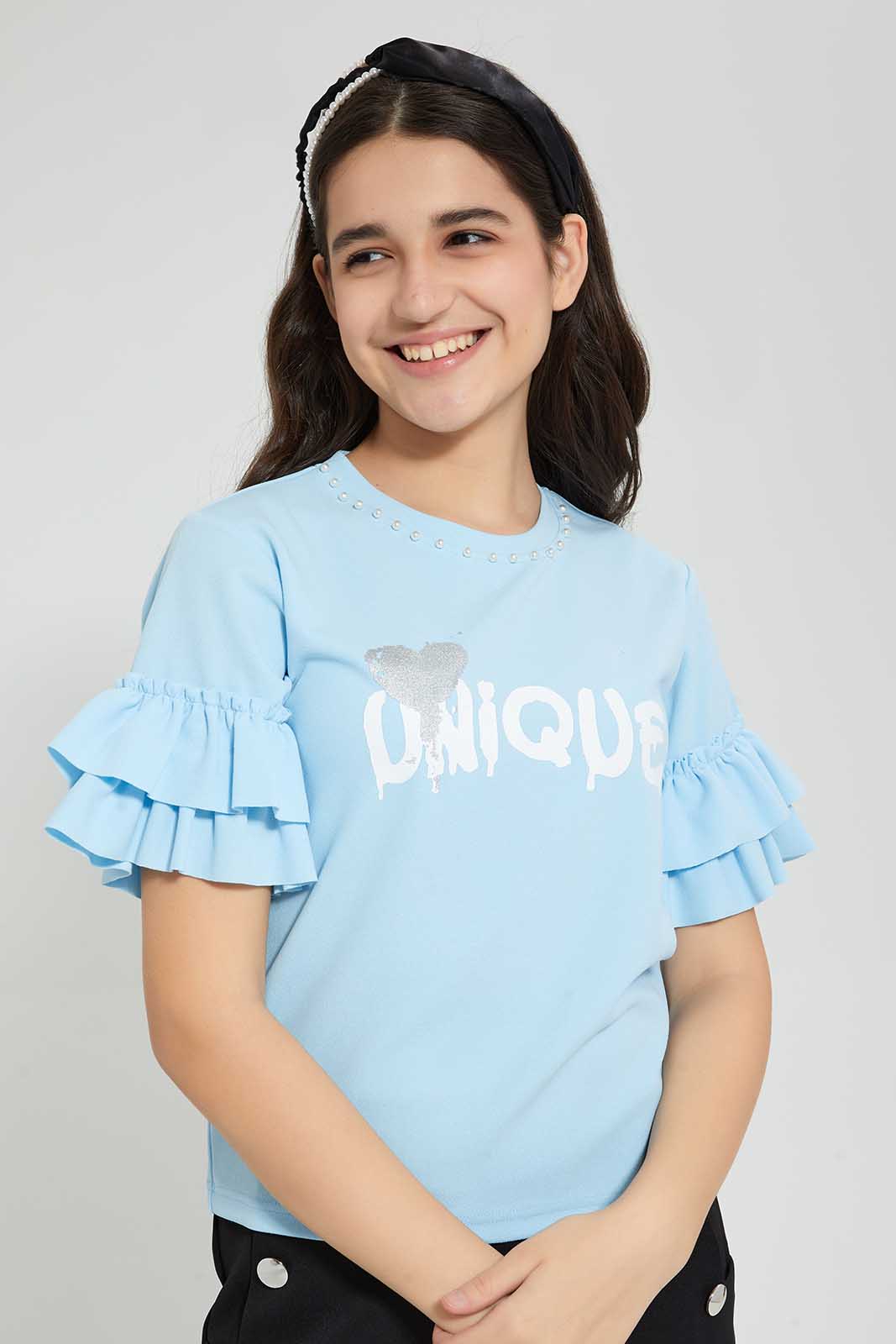 Redtag-Lt-Blue-Ruffled-Sleeve-Pearl-Top-Embellished-Senior-Girls-9 to 14 Years