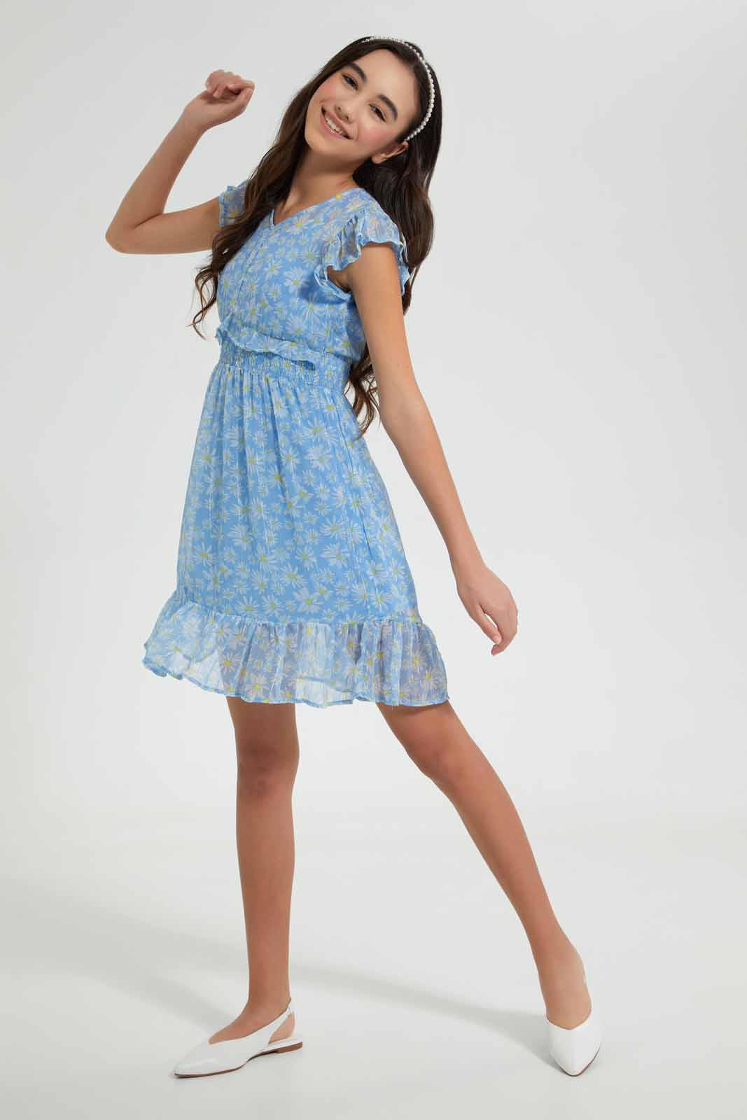 Redtag-Pink/Gold-Foil-Print-Ruffled-Sleeve-Dress-Dresses-Senior-Girls-9 to 14 Years