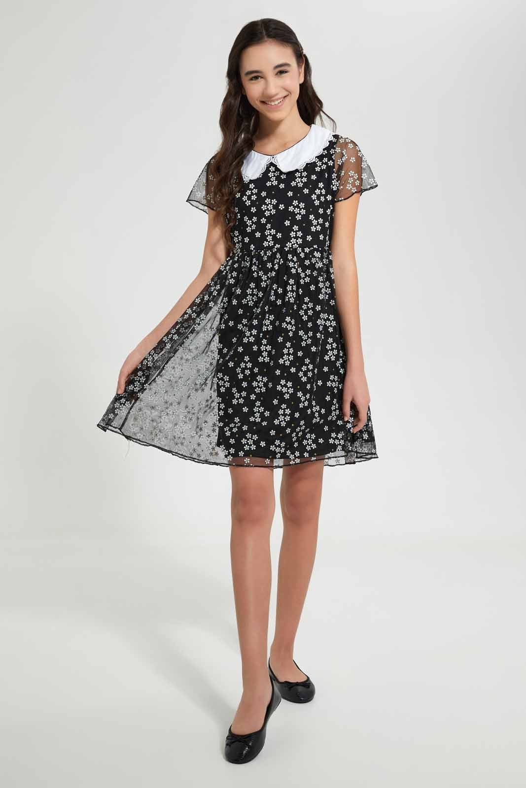 Redtag-Black/White-Floral-Peter-Pan-Collar-Mesh-Dress-Dresses-Senior-Girls-9 to 14 Years