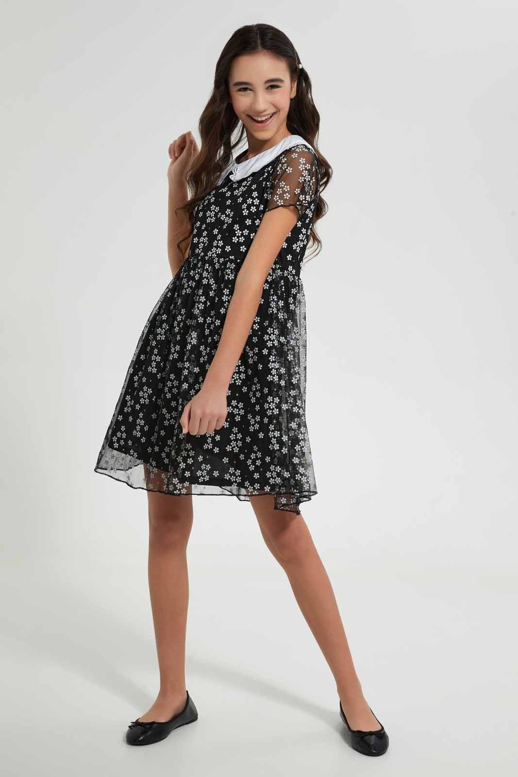 Redtag-Black/White-Floral-Peter-Pan-Collar-Mesh-Dress-Dresses-Senior-Girls-9 to 14 Years
