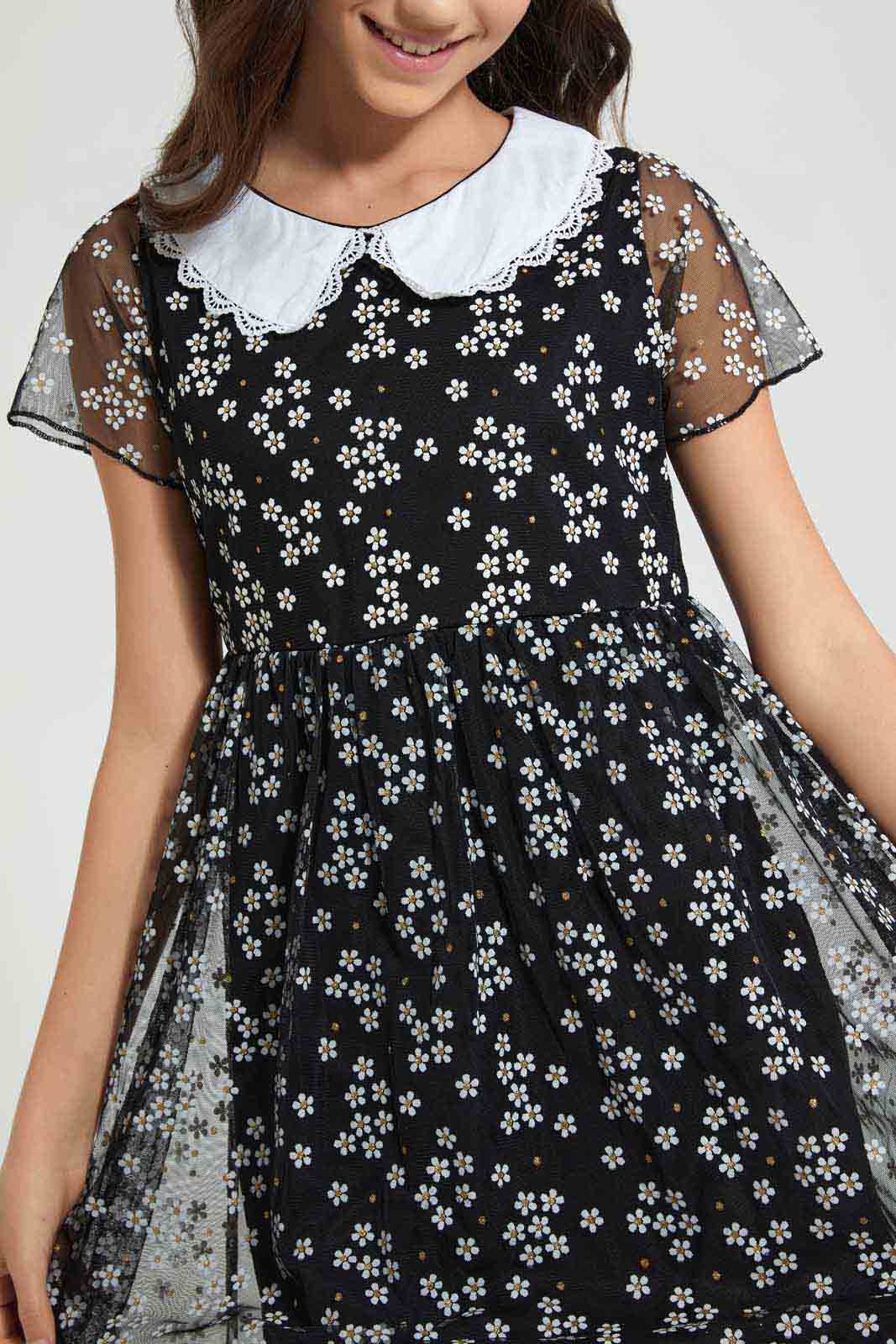 Redtag-Black/White-Floral-Peter-Pan-Collar-Mesh-Dress-Dresses-Senior-Girls-9 to 14 Years