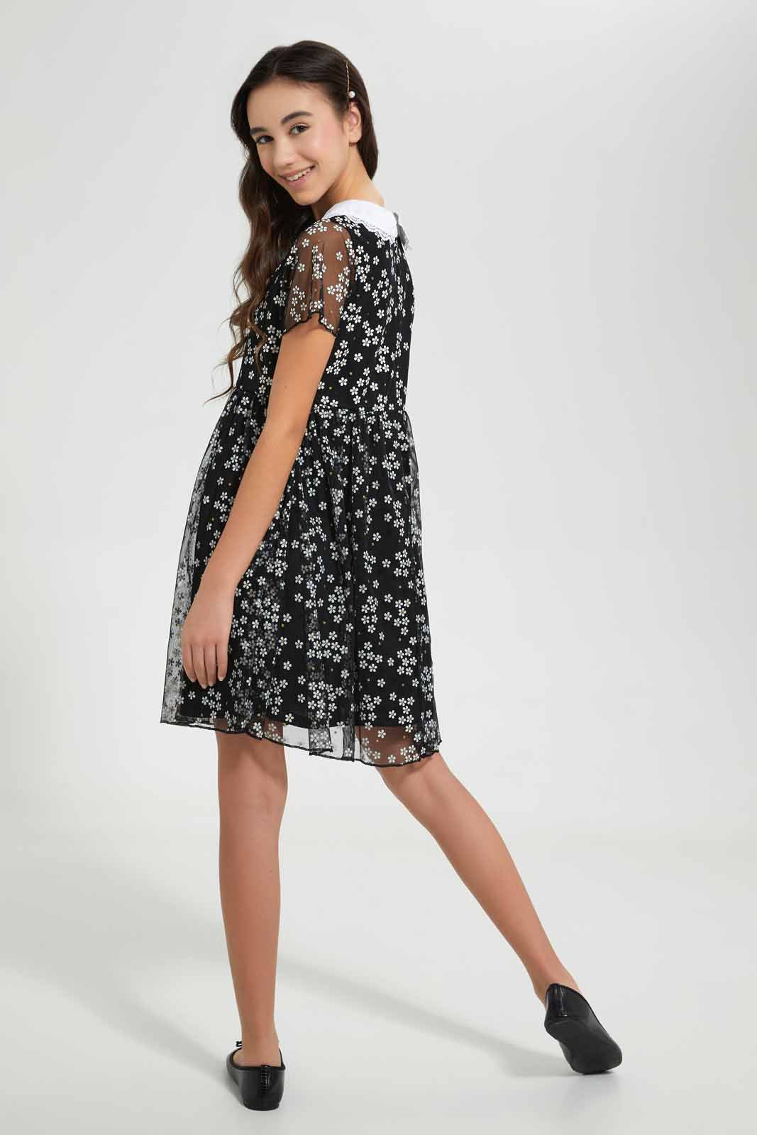 Redtag-Black/White-Floral-Peter-Pan-Collar-Mesh-Dress-Dresses-Senior-Girls-9 to 14 Years