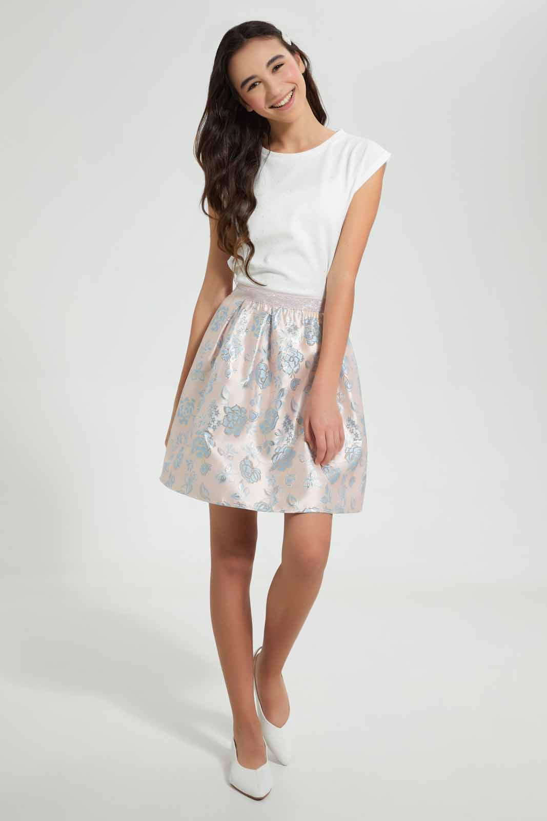 Redtag-Pink-Floral-Brocade-Skirt-Skirts-Senior-Girls-9 to 14 Years