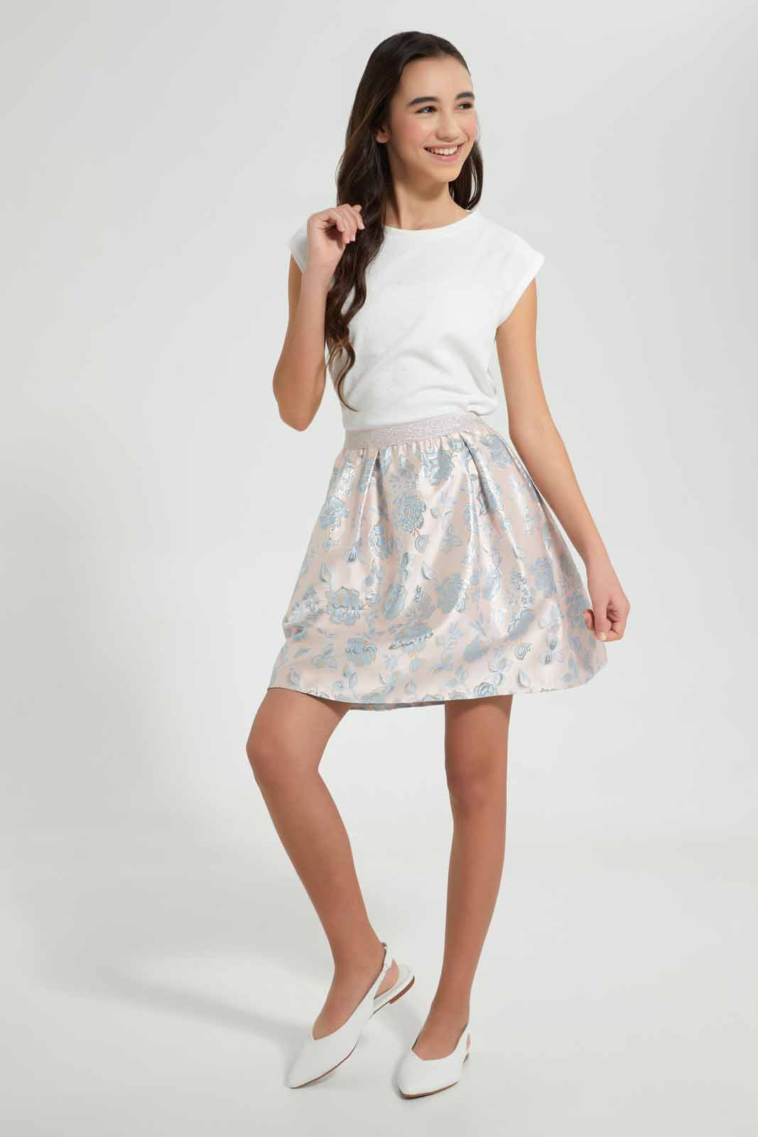 Redtag-Pink-Floral-Brocade-Skirt-Skirts-Senior-Girls-9 to 14 Years
