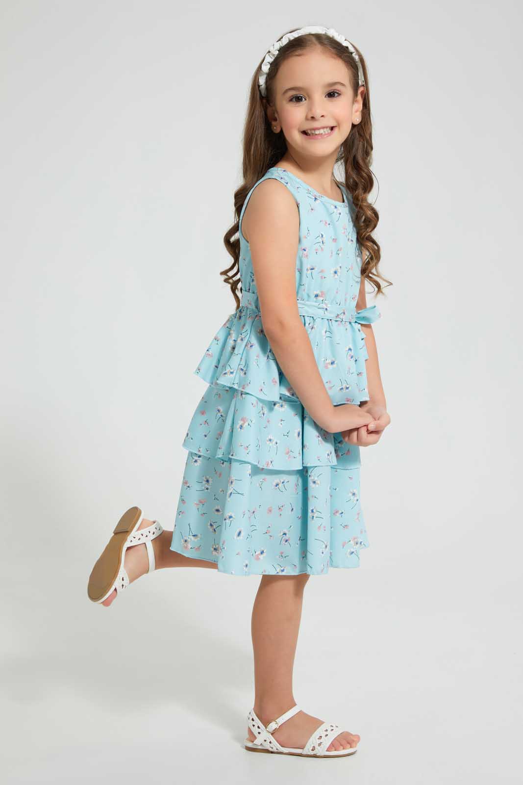 Redtag-Blue-Aop-Tiered-Dress-Dresses-Girls-2 to 8 Years