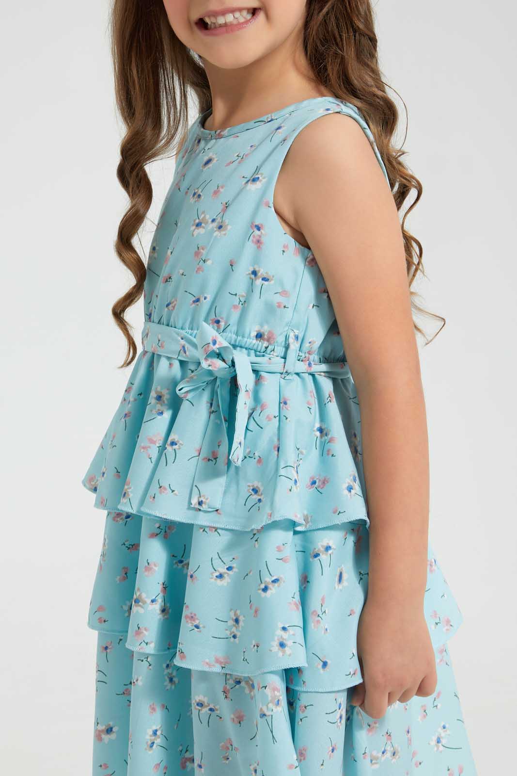 Redtag-Blue-Aop-Tiered-Dress-Dresses-Girls-2 to 8 Years