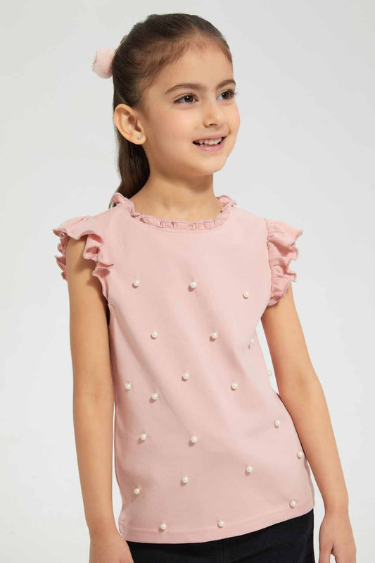 Redtag-Pink-Pearl-Embellished-Top-Category:T-Shirts,-Colour:Pink,-Deals:Sale,-Filter:Girls-(2-to-8-Yrs),-GIR-T-Shirts,-S22B,-Sale-GIR-APL,-Section:Girls-(0-to-14Yrs)-Girls-2 to 8 Years