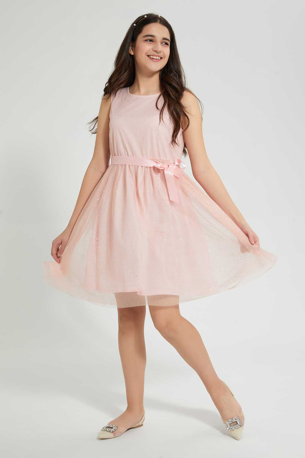 Redtag-Peach/Gold-Foil-Pleated-Dress-Dresses-Senior-Girls-9 to 14 Years