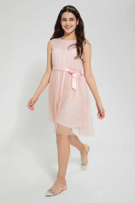 Redtag-Peach/Gold-Foil-Pleated-Dress-Dresses-Senior-Girls-9 to 14 Years