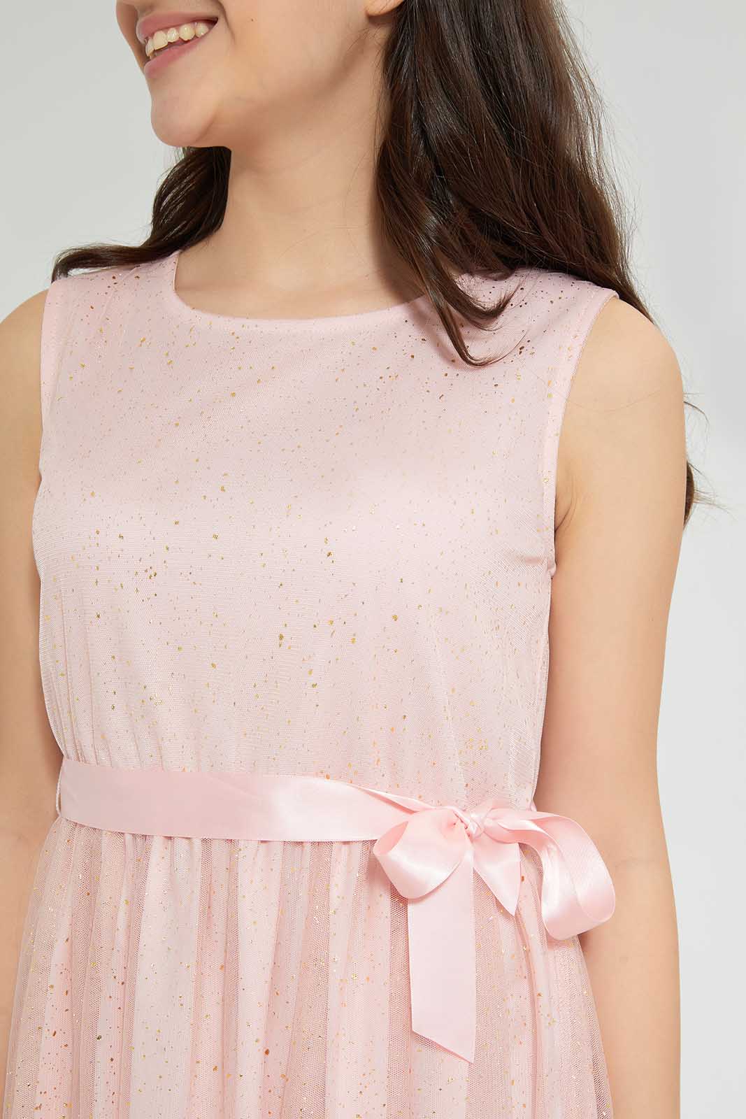 Redtag-Peach/Gold-Foil-Pleated-Dress-Dresses-Senior-Girls-9 to 14 Years