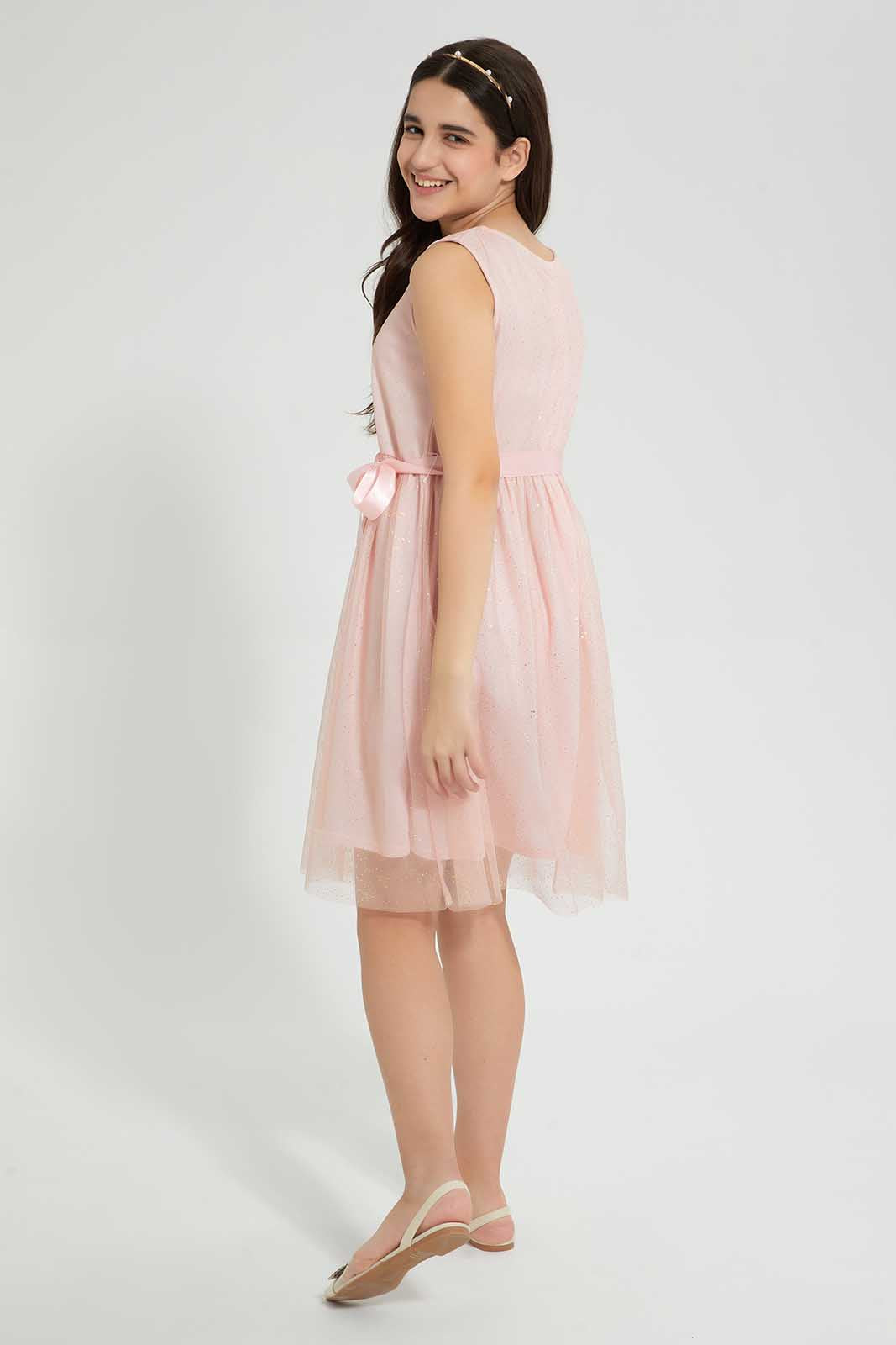 Redtag-Peach/Gold-Foil-Pleated-Dress-Dresses-Senior-Girls-9 to 14 Years