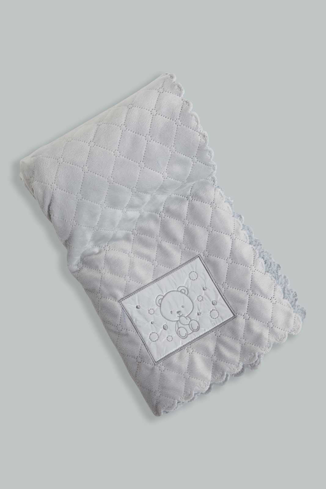 Redtag-Grey-Bear-Quilted-Fluffy-Blanket-Baby-Blankets-Baby-0 to 12 Months