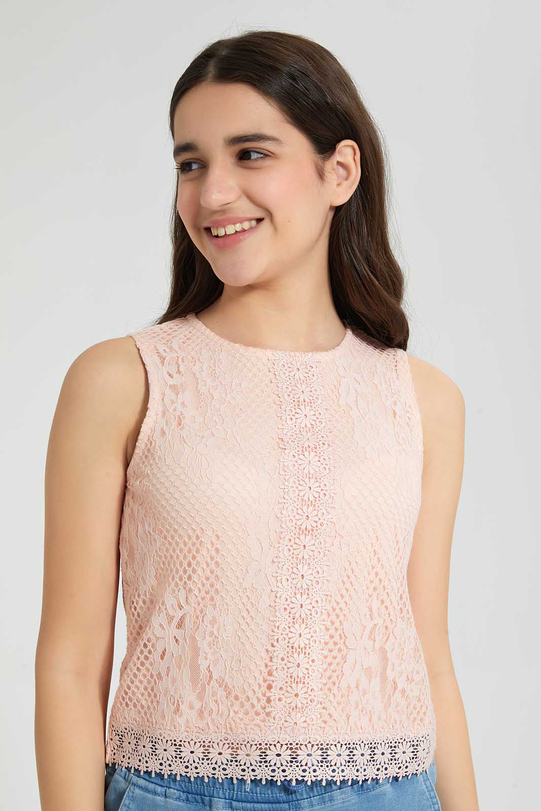 Redtag-Pink-Highneck-Lace-Top-Plain-Senior-Girls-9 to 14 Years