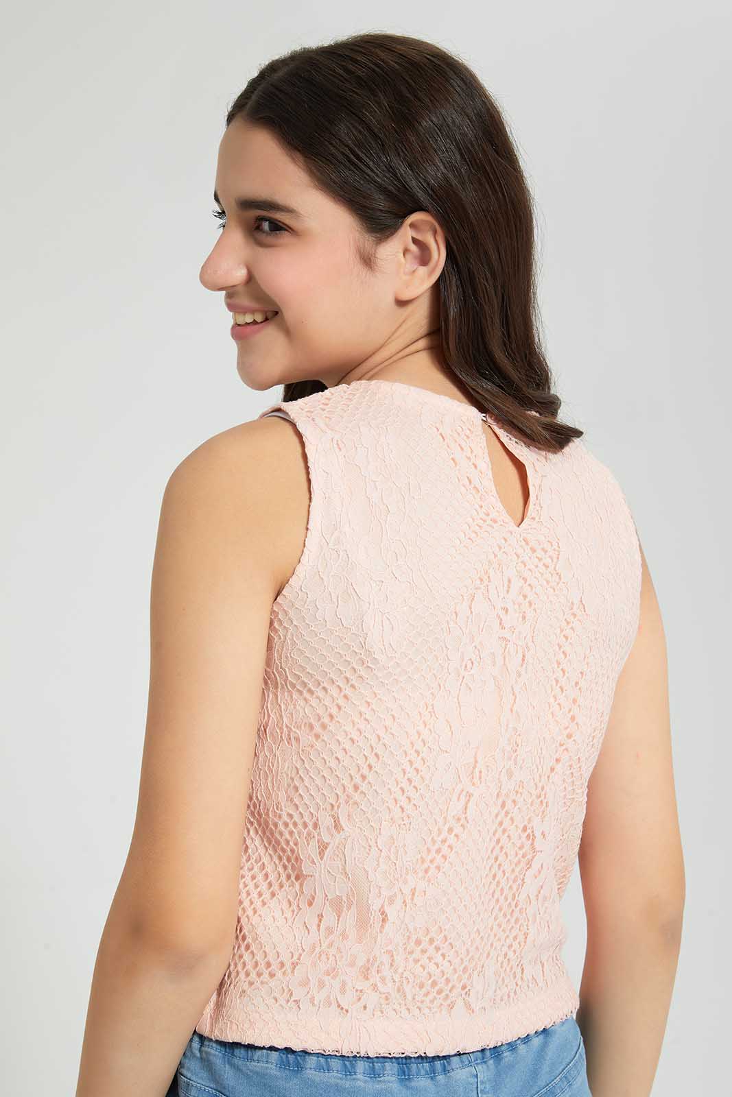 Redtag-Pink-Highneck-Lace-Top-Plain-Senior-Girls-9 to 14 Years