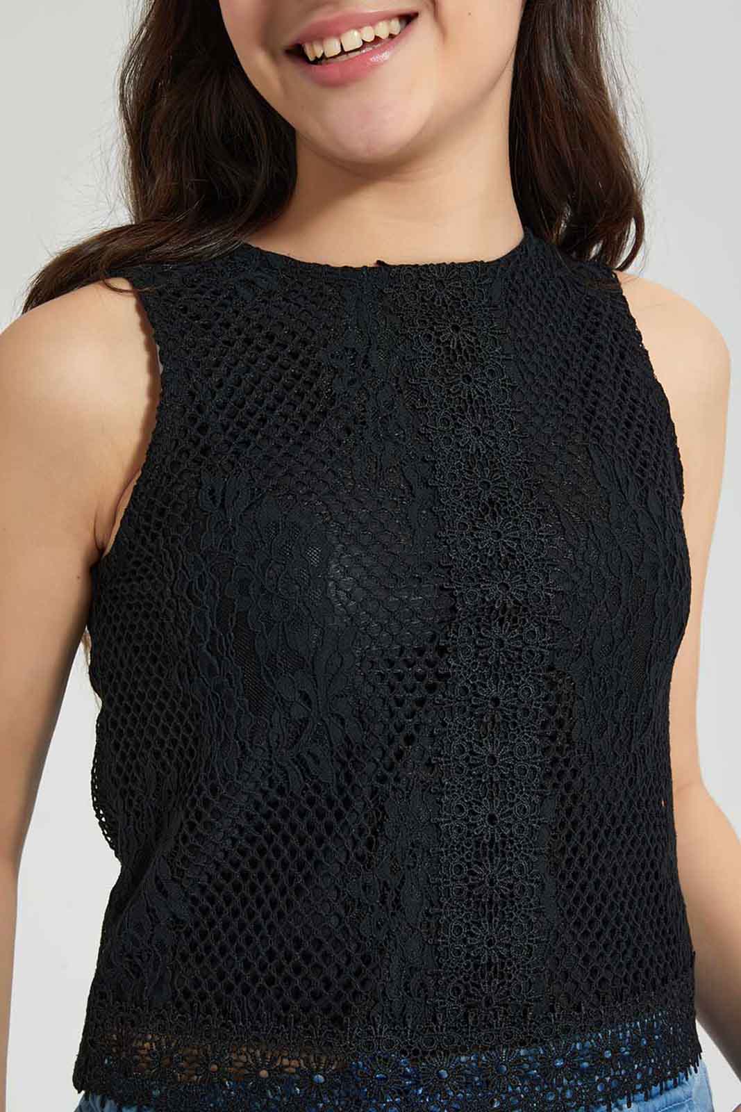 Redtag-Black-Highneck-Lace-Top-Plain-Senior-Girls-9 to 14 Years