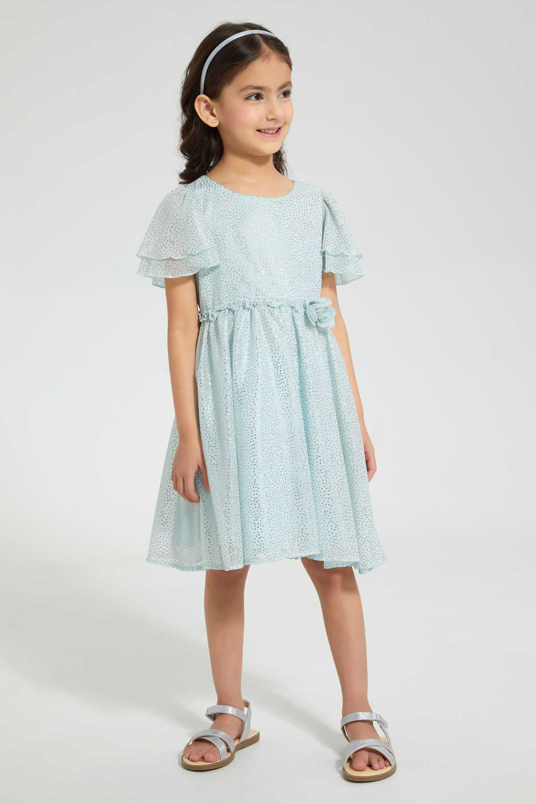 Redtag-Mint-Foil-Print-Dress-Dresses-Girls-2 to 8 Years