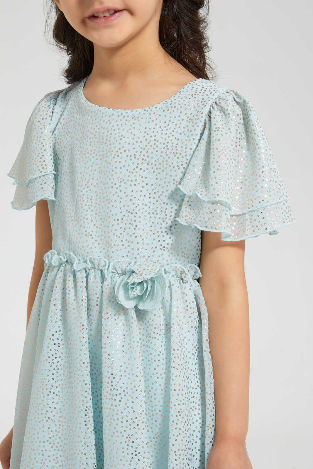 Redtag-Mint-Foil-Print-Dress-Dresses-Girls-2 to 8 Years