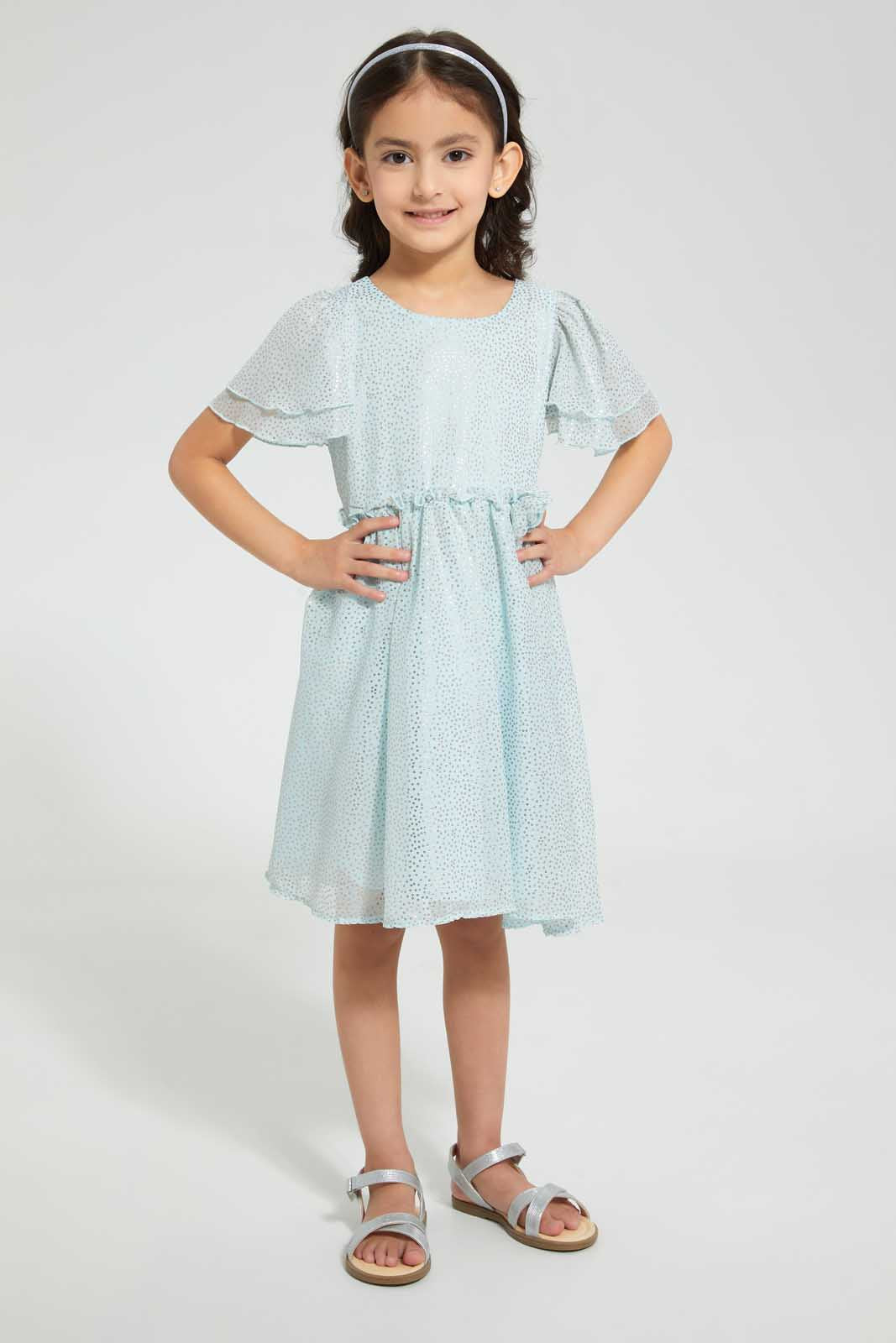 Redtag-Mint-Foil-Print-Dress-Dresses-Girls-2 to 8 Years