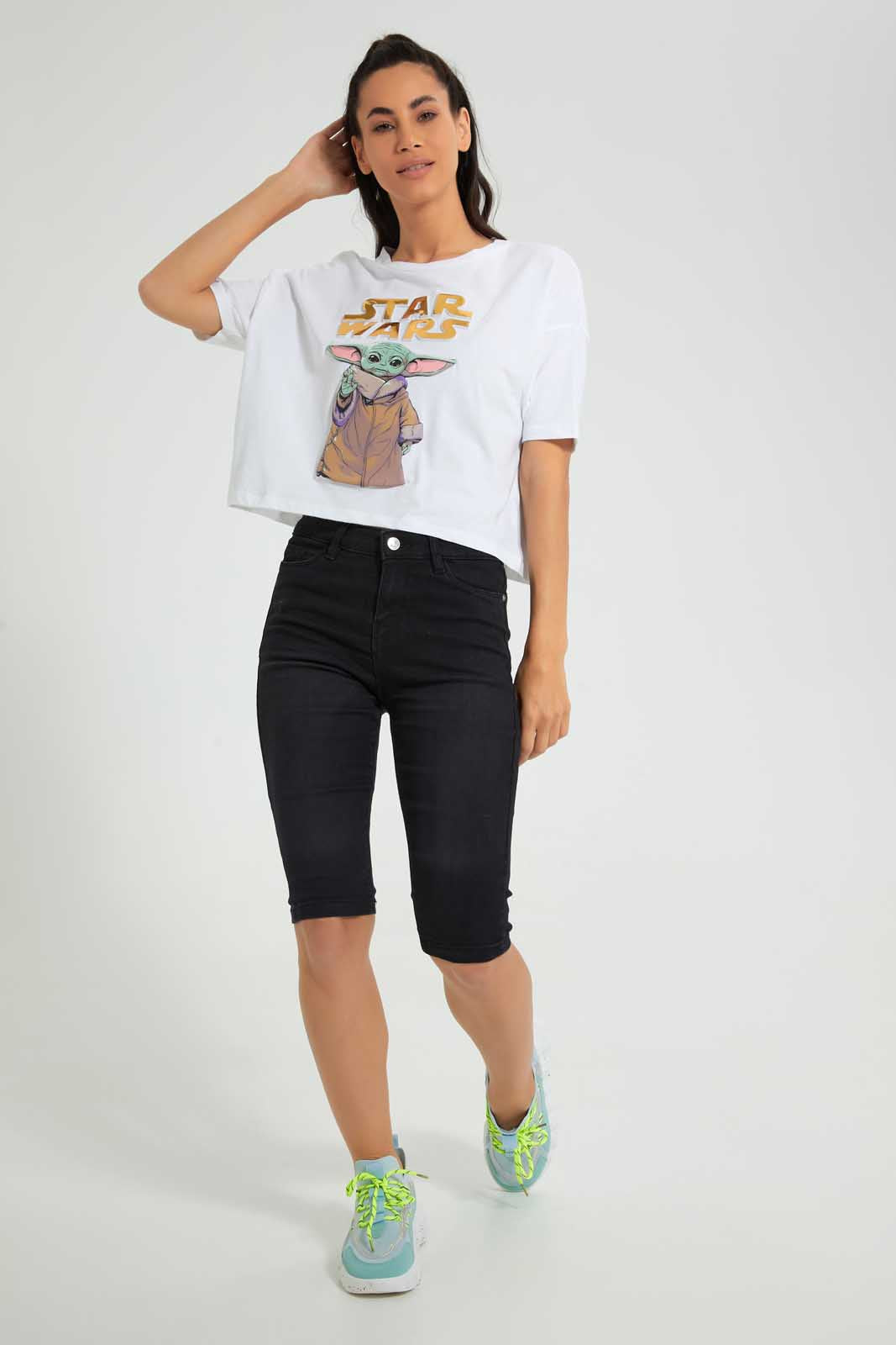 Redtag-White-Yoda-Embossed--Crop-Tee-All-Over-Prints-Women's-