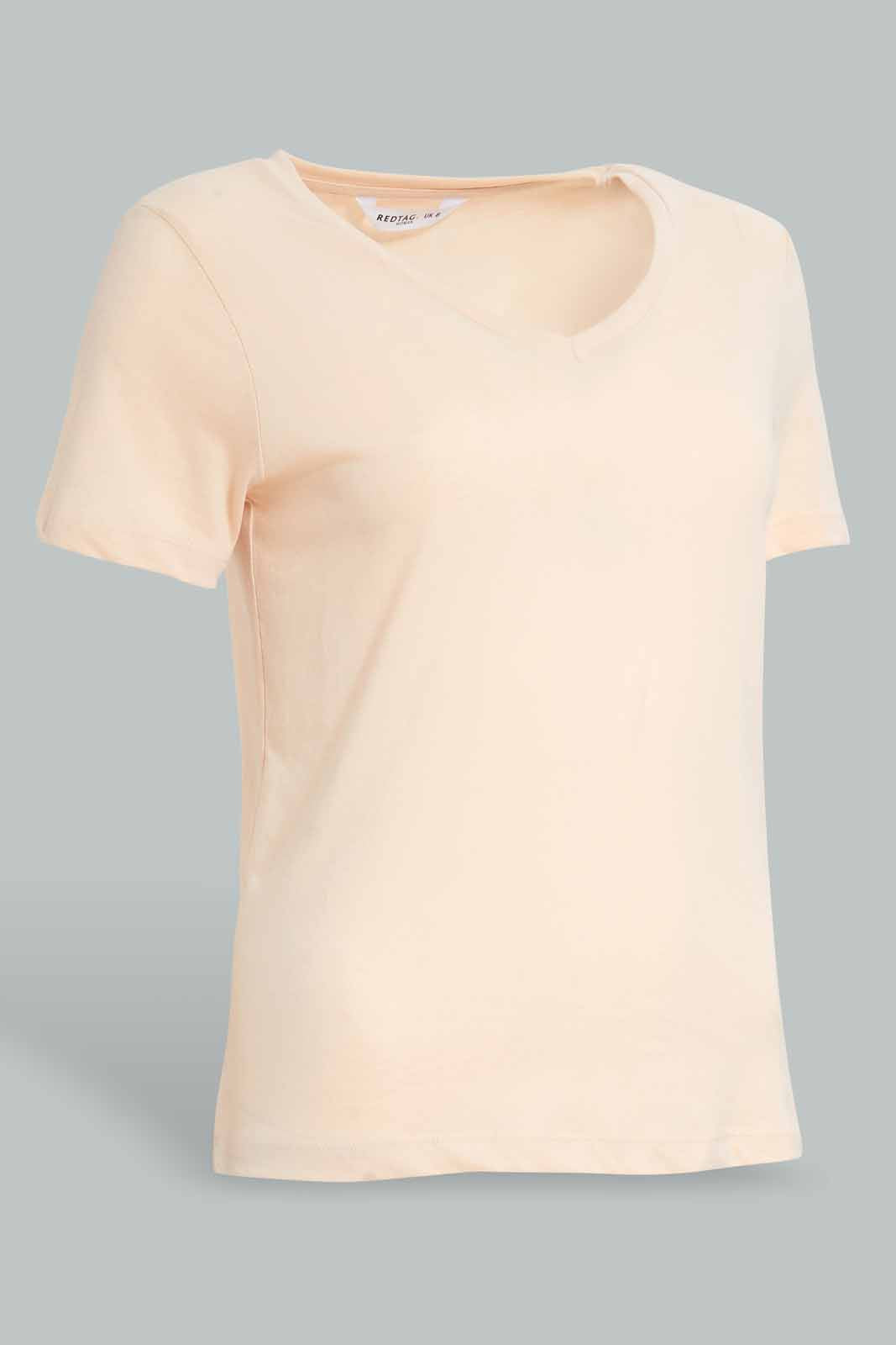 Redtag-Beige-V-Neck-T-Shirt-V-Neck-T-Shirts-Women's-