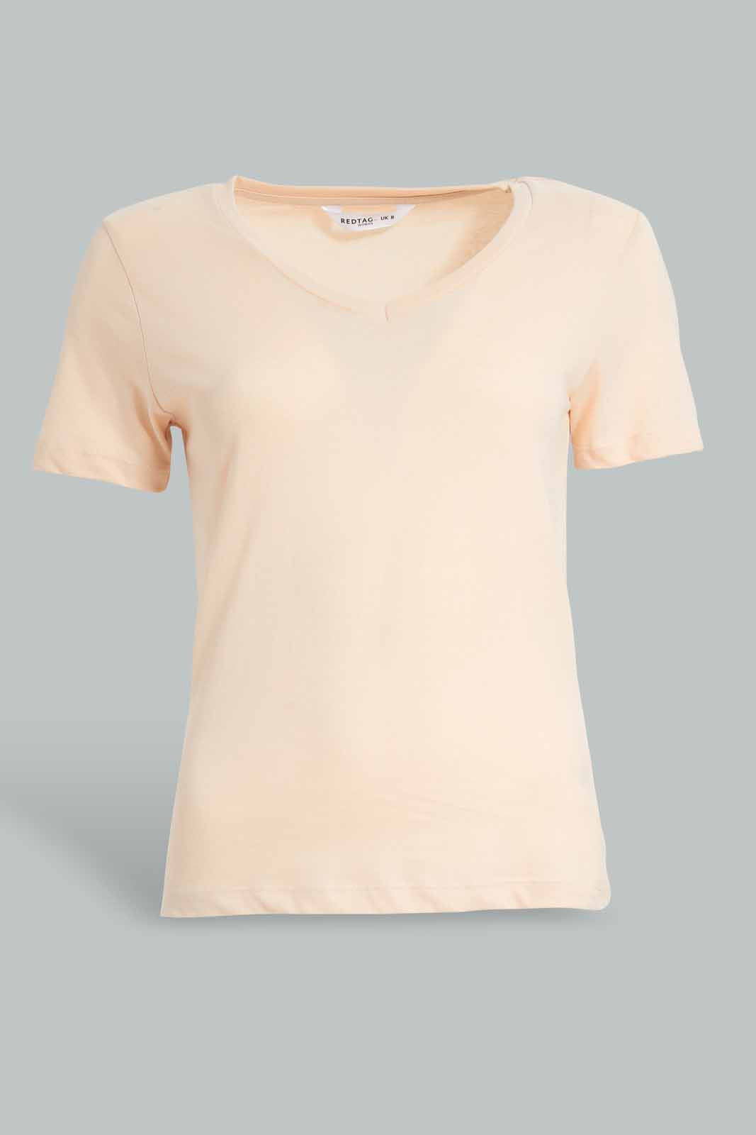 Redtag-Beige-V-Neck-T-Shirt-V-Neck-T-Shirts-Women's-