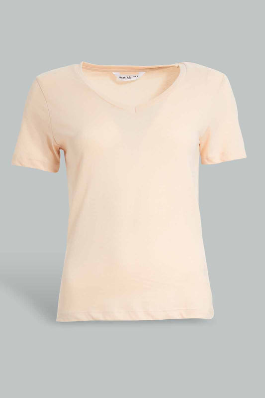 Redtag-Beige-V-Neck-T-Shirt-V-Neck-T-Shirts-Women's-
