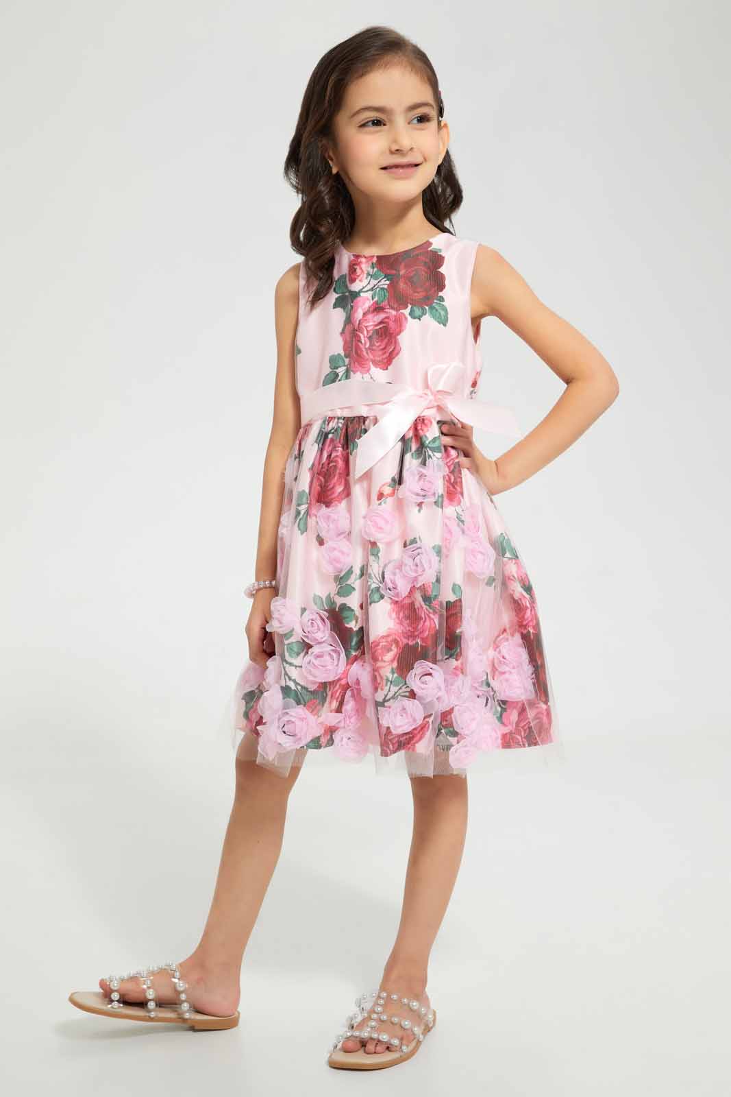 Redtag-Pink-Floral-Printed-Dress-Dresses-Girls-2 to 8 Years