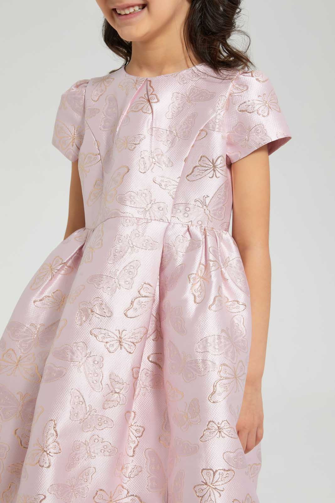 Redtag-Pink-Knee-Length-Jacquard-Dress-Dresses-Girls-2 to 8 Years