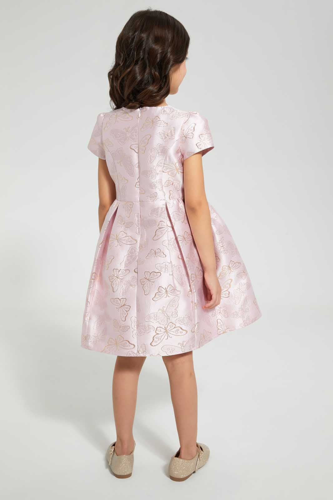 Redtag-Pink-Knee-Length-Jacquard-Dress-Dresses-Girls-2 to 8 Years
