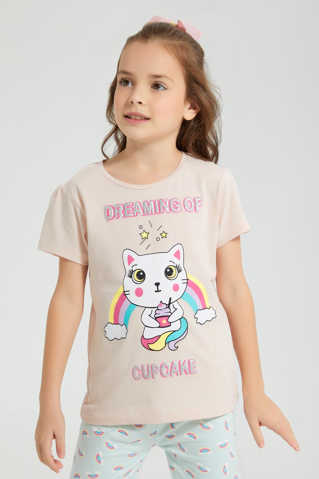 Redtag-Peach/Mint-Printed-S/Sleeve-Pyjama-Set-Colour:Mint,-Filter:Girls-(2-to-8-Yrs),-Girls-Pyjama-Sets,-New-In,-New-In-GIR,-Non-Sale,-S22C,-Section:Kidswear-Girls-2 to 8 Years