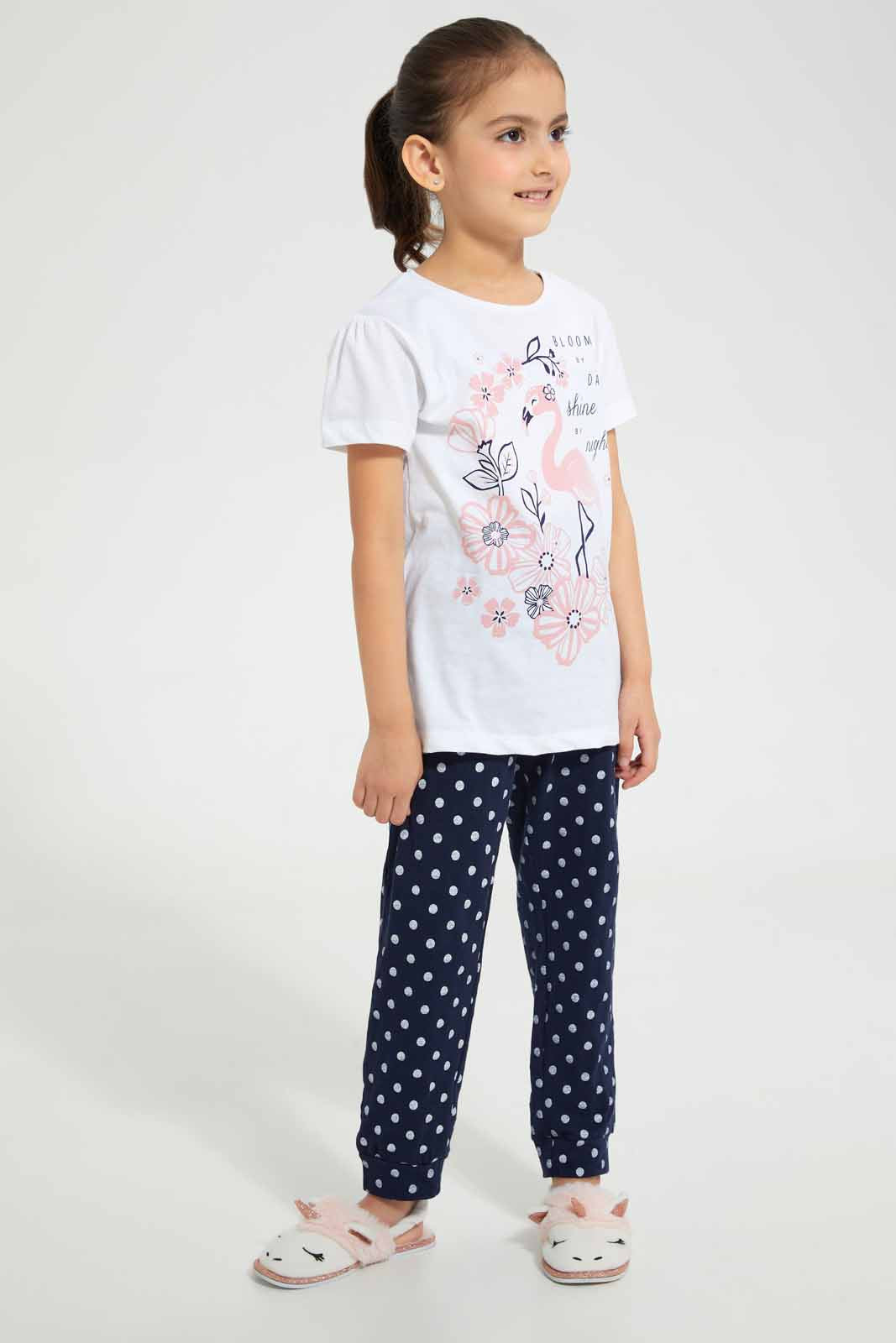 Redtag-White-And-Navy-Printed-Pyjama-Set-(2-Piece)-Category:Pyjama-Sets,-Colour:Navy,-Colour:White,-Deals:4-For-90,-Deals:Sale,-Filter:Girls-(2-to-8-Yrs),-GIR-Pyjama-Sets,-S22B,-Sale-GIR-APL,-Section:Girls-(0-to-14Yrs)-Girls-2 to 8 Years