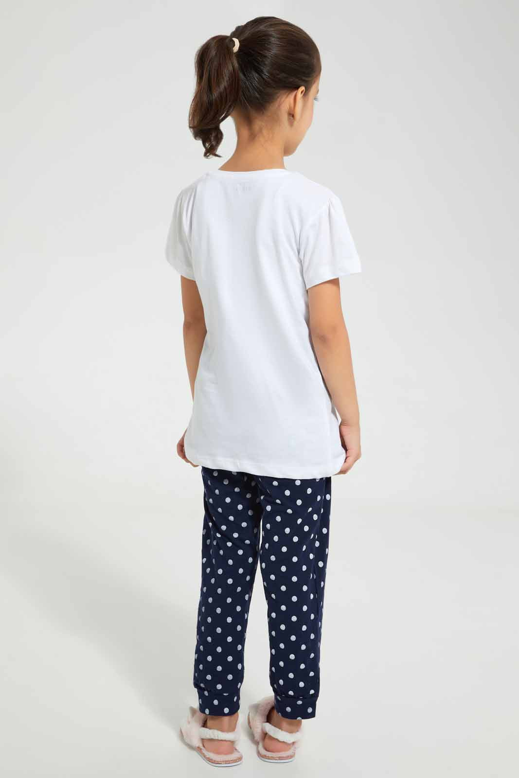 Redtag-White-And-Navy-Printed-Pyjama-Set-(2-Piece)-Category:Pyjama-Sets,-Colour:Navy,-Colour:White,-Deals:4-For-90,-Deals:Sale,-Filter:Girls-(2-to-8-Yrs),-GIR-Pyjama-Sets,-S22B,-Sale-GIR-APL,-Section:Girls-(0-to-14Yrs)-Girls-2 to 8 Years