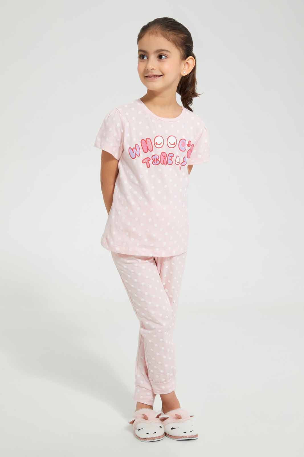 Redtag-Pink-Who's-There-Pyjama-Set-(2-Piece)-Category:Pyjama-Sets,-Colour:Pink,-Deals:4-For-90,-Deals:Sale,-Filter:Girls-(2-to-8-Yrs),-GIR-Pyjama-Sets,-S22B,-Sale-GIR-APL,-Section:Girls-(0-to-14Yrs)-Girls-2 to 8 Years