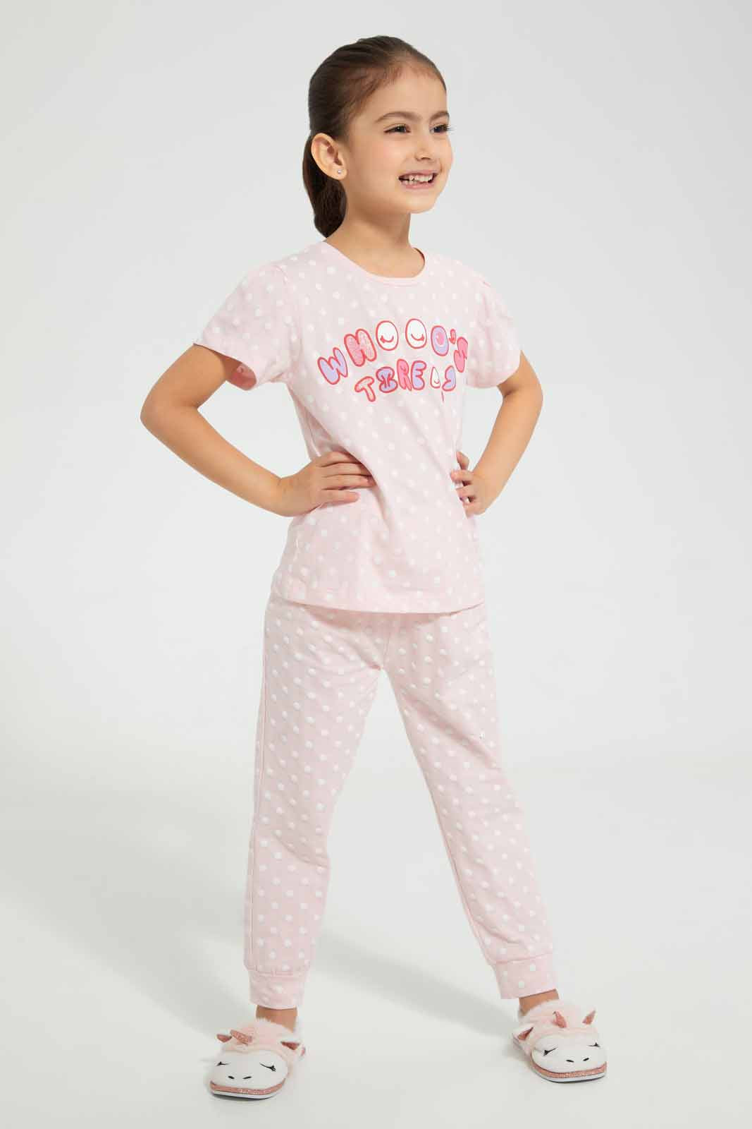 Redtag-Pink-Who's-There-Pyjama-Set-(2-Piece)-Category:Pyjama-Sets,-Colour:Pink,-Deals:4-For-90,-Deals:Sale,-Filter:Girls-(2-to-8-Yrs),-GIR-Pyjama-Sets,-S22B,-Sale-GIR-APL,-Section:Girls-(0-to-14Yrs)-Girls-2 to 8 Years