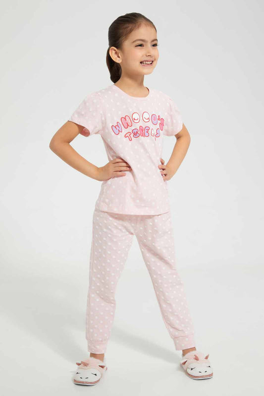 Redtag-Pink-Who's-There-Pyjama-Set-(2-Piece)-Category:Pyjama-Sets,-Colour:Pink,-Deals:4-For-90,-Deals:Sale,-Filter:Girls-(2-to-8-Yrs),-GIR-Pyjama-Sets,-S22B,-Sale-GIR-APL,-Section:Girls-(0-to-14Yrs)-Girls-2 to 8 Years