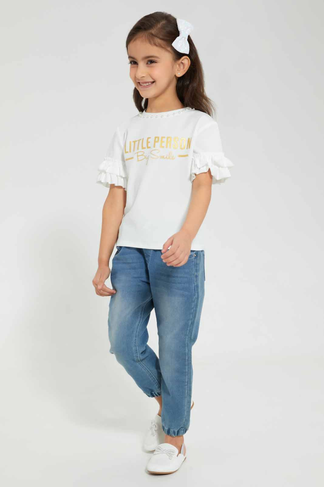 Redtag-White-Embellished-T-Shirt-With-Frilled-Sleeve-W/-Chest-Print-Embellished-T-Shirts-Girls-2 to 8 Years