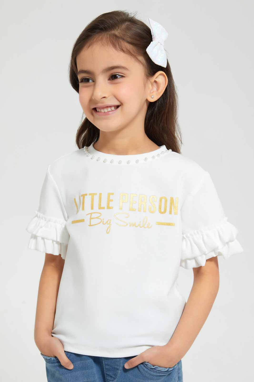 Redtag-White-Embellished-T-Shirt-With-Frilled-Sleeve-W/-Chest-Print-Embellished-T-Shirts-Girls-2 to 8 Years
