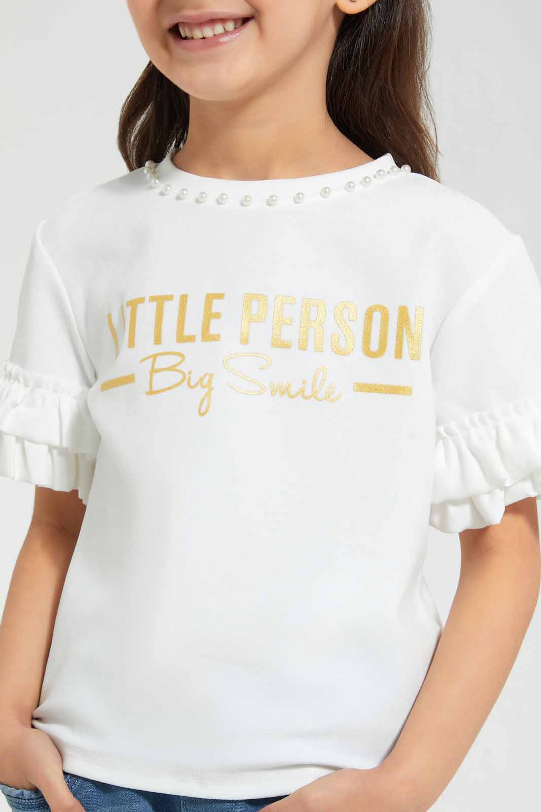 Redtag-White-Embellished-T-Shirt-With-Frilled-Sleeve-W/-Chest-Print-Embellished-T-Shirts-Girls-2 to 8 Years