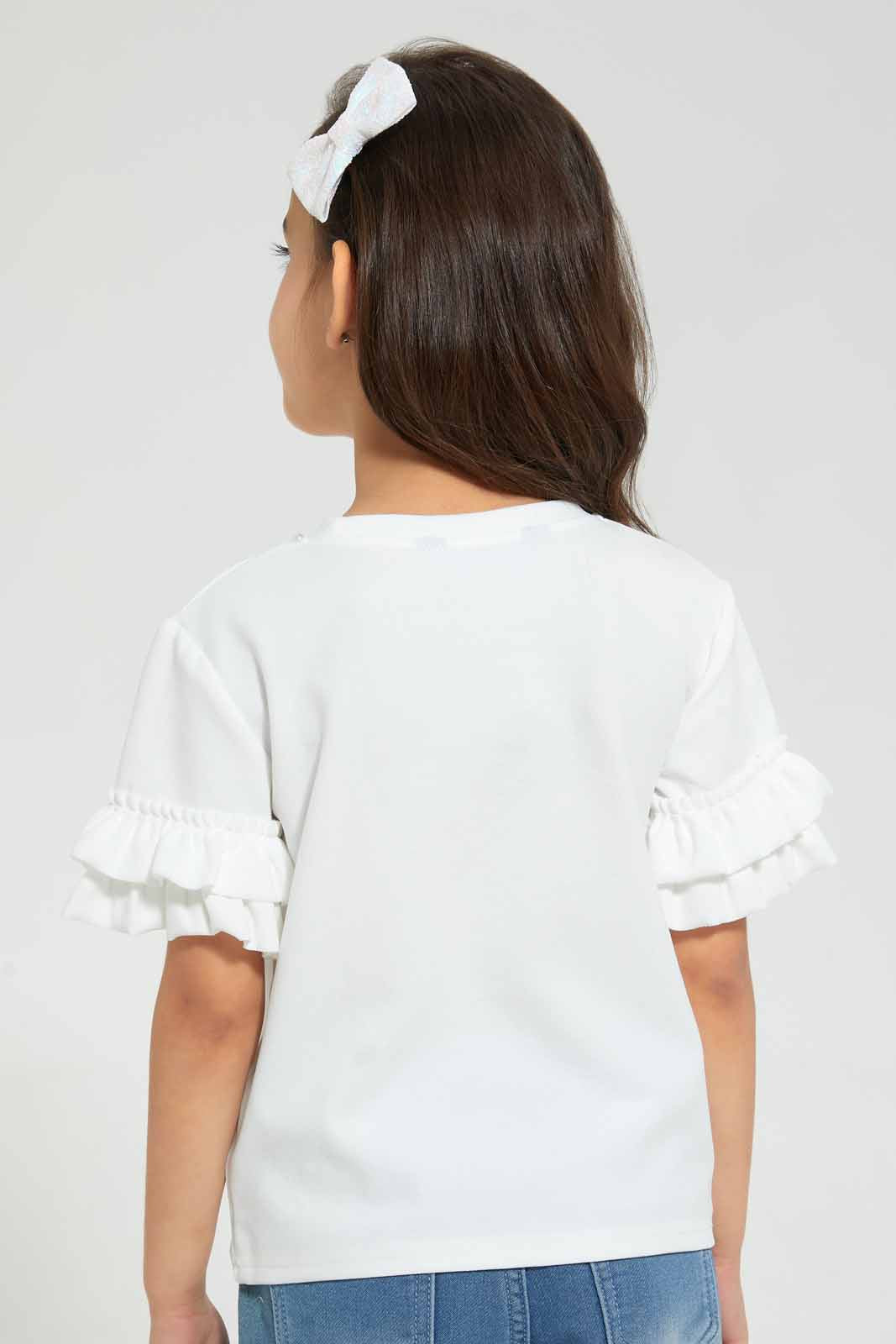 Redtag-White-Embellished-T-Shirt-With-Frilled-Sleeve-W/-Chest-Print-Embellished-T-Shirts-Girls-2 to 8 Years