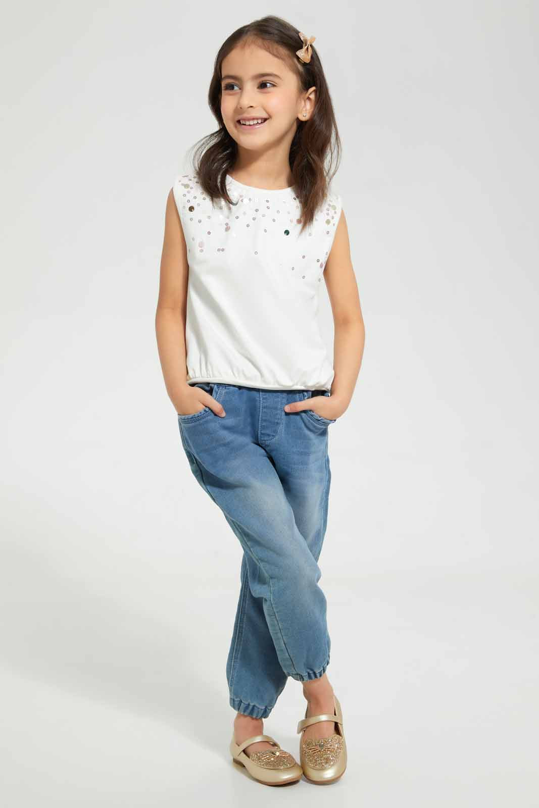 Redtag-White-Casual-T-Shirt-With-Sequiens-Work-Embellished-T-Shirts-Girls-2 to 8 Years