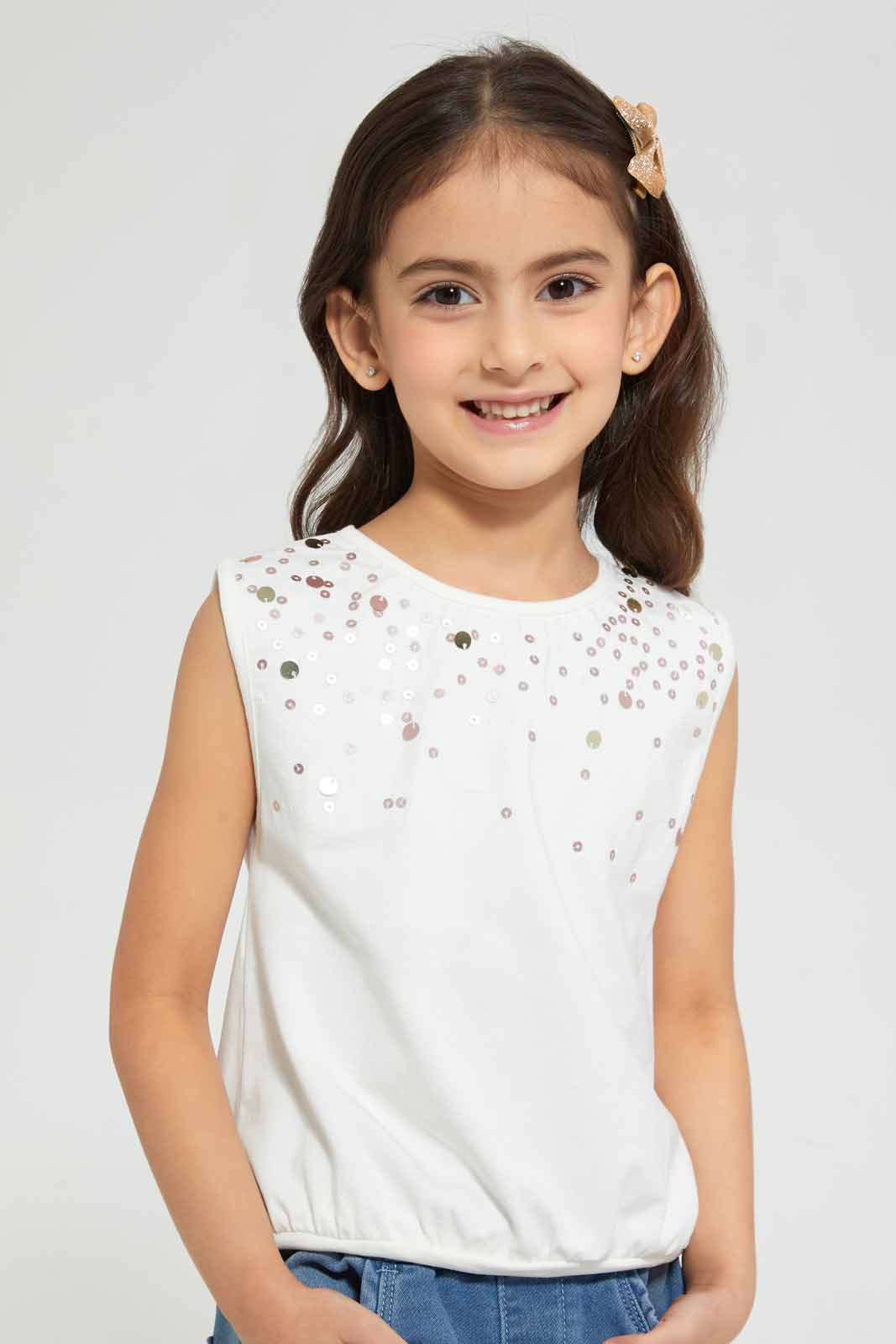 Redtag-White-Casual-T-Shirt-With-Sequiens-Work-Embellished-T-Shirts-Girls-2 to 8 Years