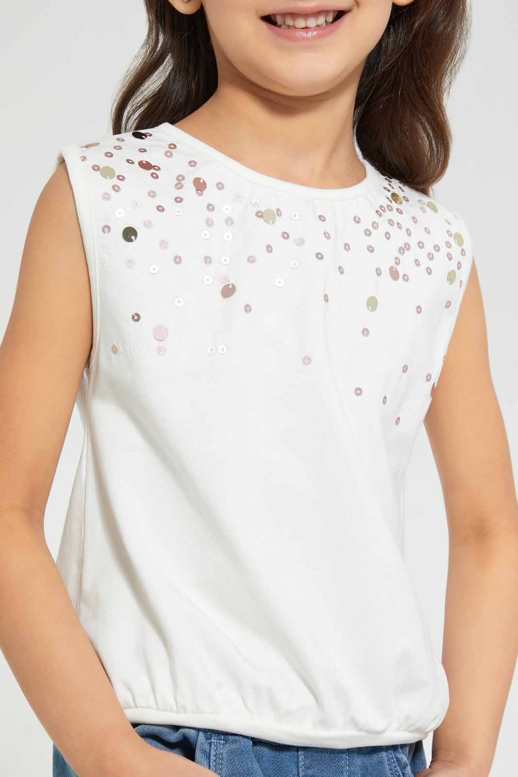 Redtag-White-Casual-T-Shirt-With-Sequiens-Work-Embellished-T-Shirts-Girls-2 to 8 Years