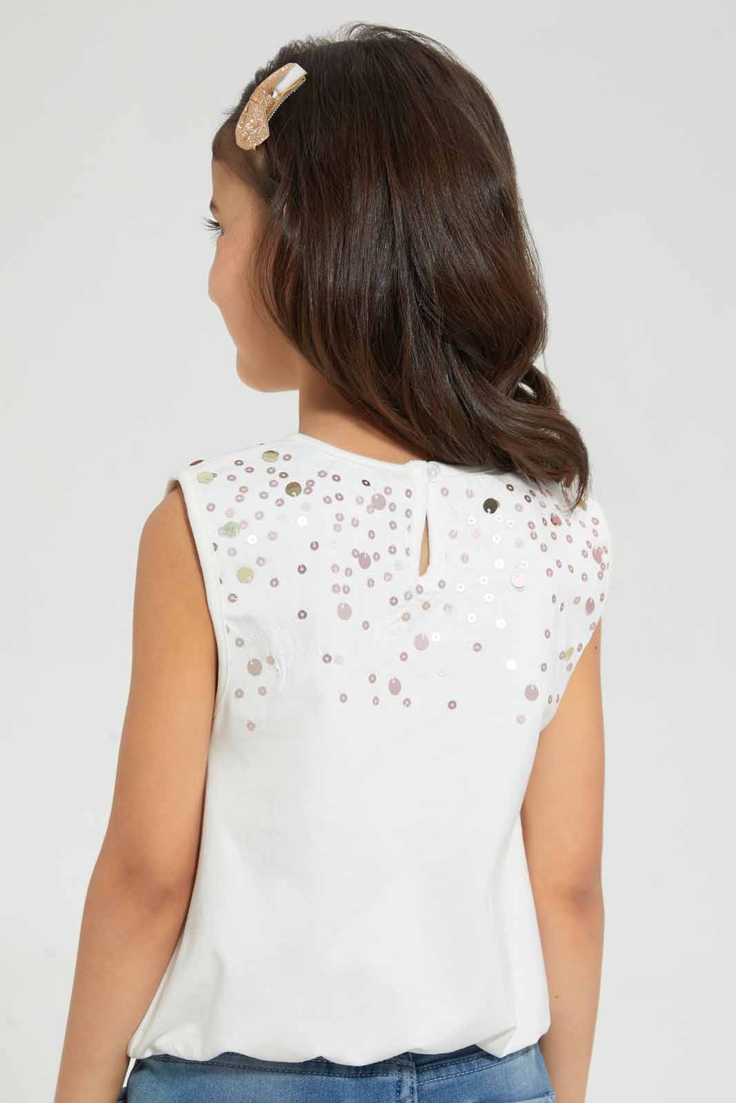 Redtag-White-Casual-T-Shirt-With-Sequiens-Work-Embellished-T-Shirts-Girls-2 to 8 Years