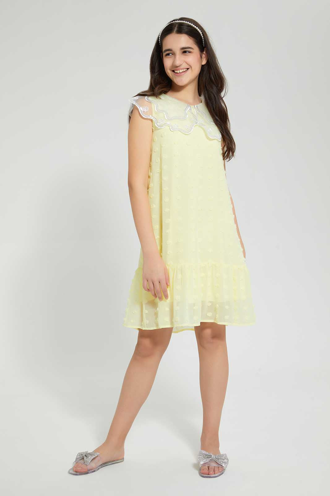 Redtag-Yellow-Organza-Collared-Dobby-Dress-Dresses-Senior-Girls-9 to 14 Years