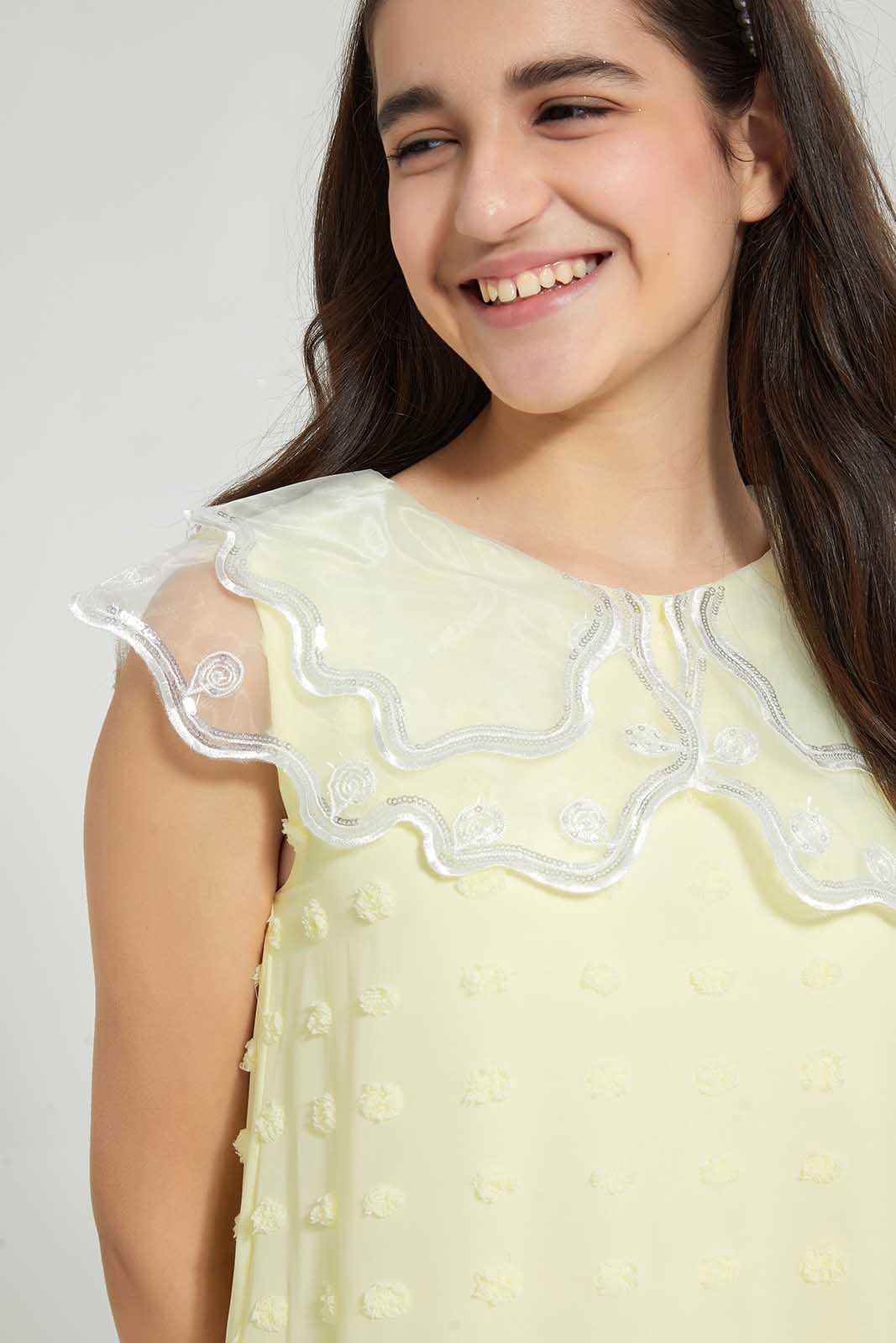 Redtag-Yellow-Organza-Collared-Dobby-Dress-Dresses-Senior-Girls-9 to 14 Years