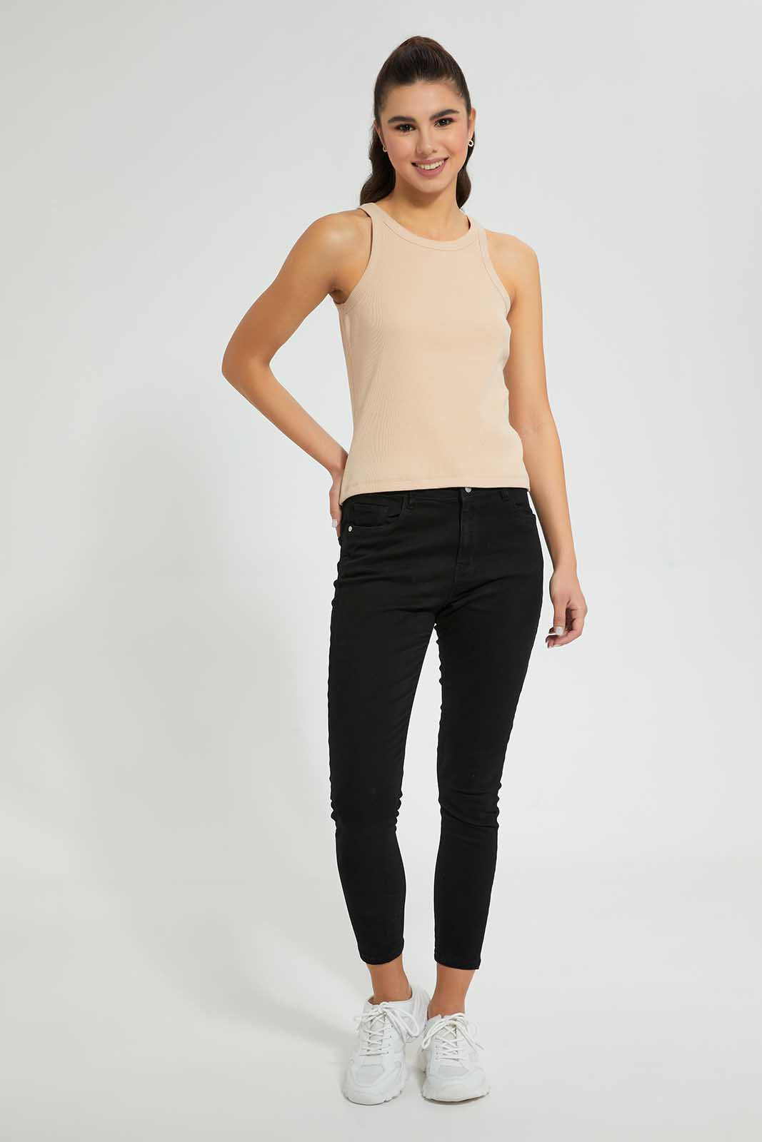 Beige Full-Length Ribbed Vest