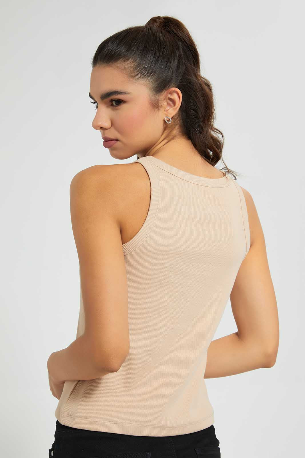 Beige Full-Length Ribbed Vest