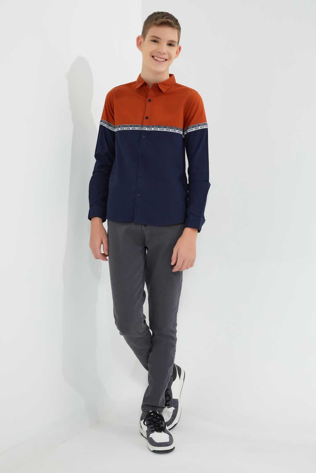 Redtag-Orange-Color-Block-Casual-Shirt-Casual-Shirts-Senior-Boys-9 to 14 Years