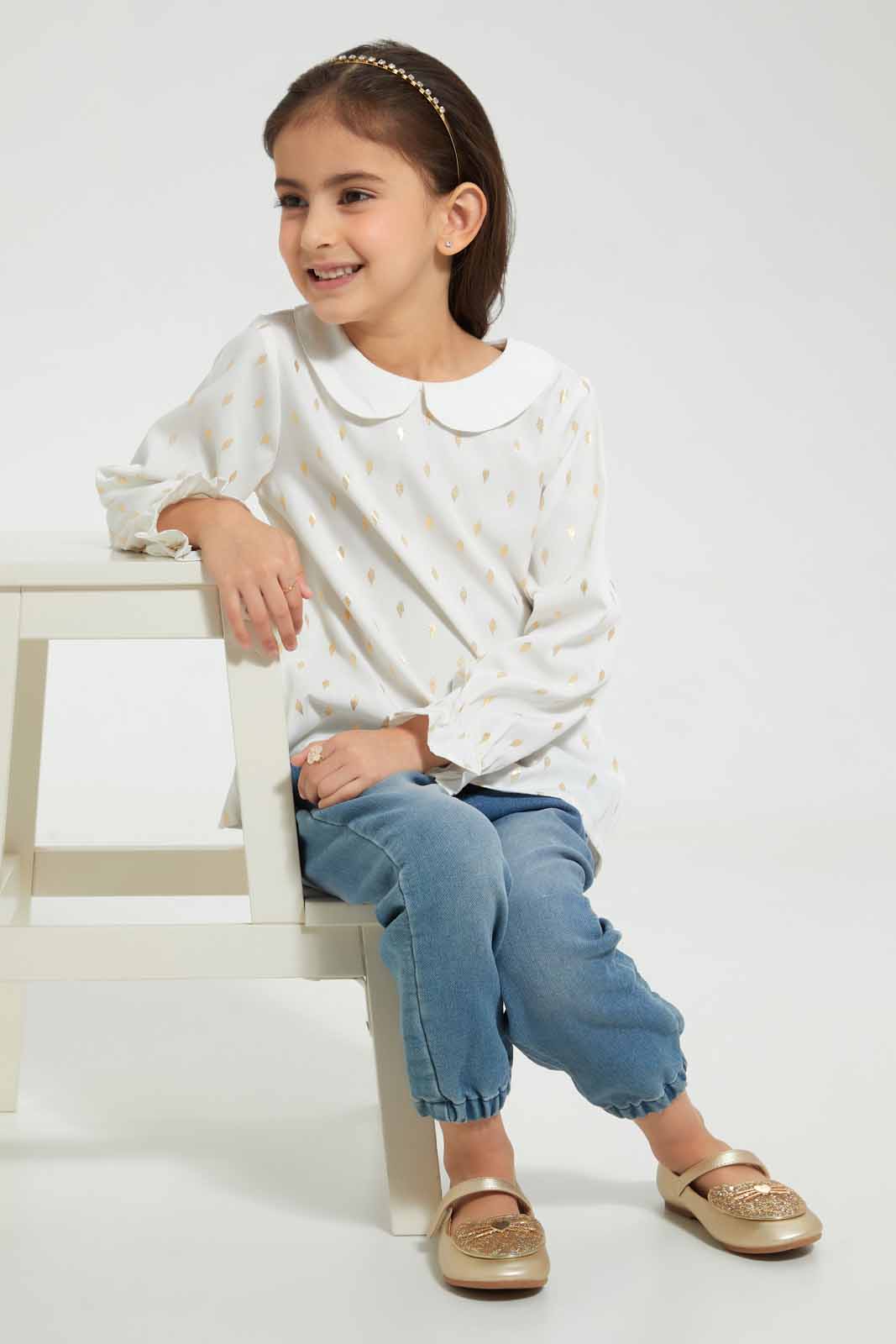 Redtag-White-All-Over-Foil-Print-With-Peter-Pan-Collar-Blouse-Blouses-Girls-2 to 8 Years